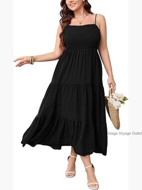 Plus Size Maxi Dress Sleeveless Spaghetti Strap Smocked Boho Beach Sun Dress